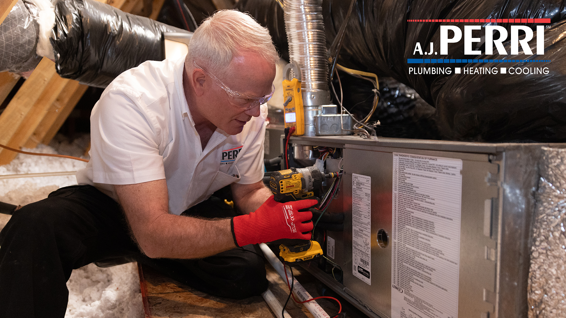 technician at AJ Perri servicing  a gas furnace