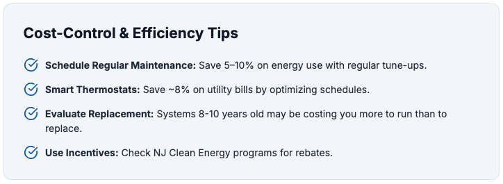 Cost-Control & Efficiency Tips Infographic - schedule regular maintenance, use smart thermostats, evaluate replacement, and use incentives.