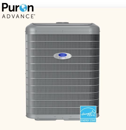 Carrier Infinity heat pump unit with Puron Advance refrigerant and ENERGY STAR certification.