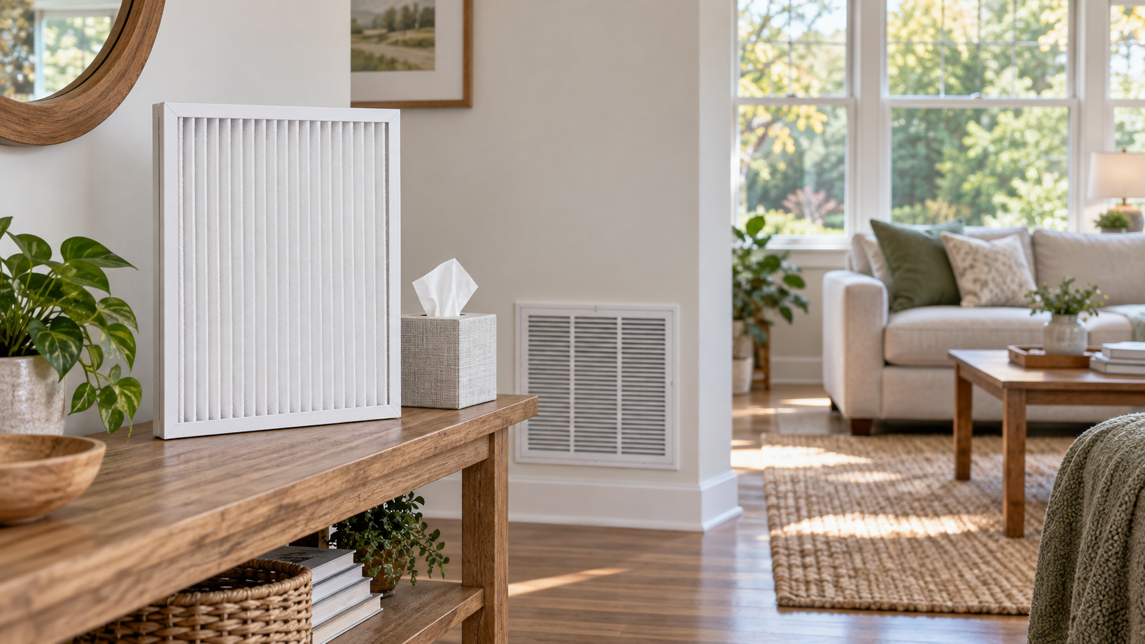Clean HVAC filter and tissue box beside a return-air vent in a sunlit living room with closed windows.
