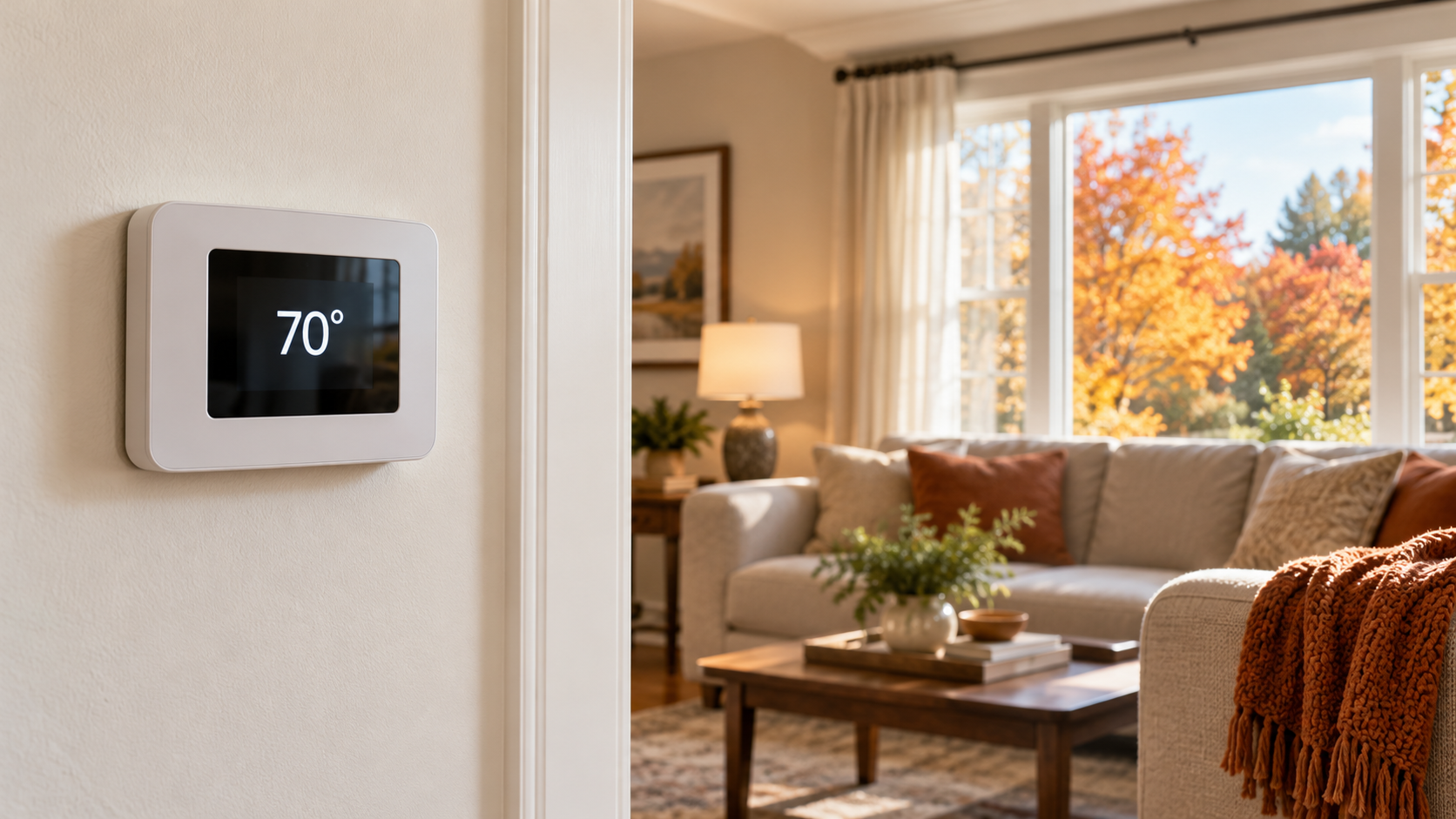 Wall thermostat displaying 70 degrees beside a cozy living room with colorful autumn trees outside.